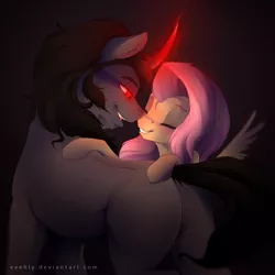 Size: 2000x2000 | Tagged: artist:evehly, bedroom eyes, boop, butt, derpibooru import, eyes closed, female, fluttershy, glowing eyes, glowing horn, grin, king sombra, magic, male, noseboop, nuzzling, open mouth, plot, safe, shipping, smiling, sombrashy, sombutt, straight, stupid sexy sombra