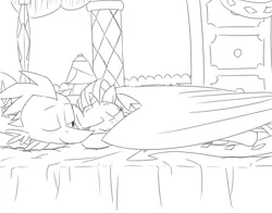 Size: 4200x3300 | Tagged: safe, artist:verulence, derpibooru import, rarity, spike, dragon, pony, unicorn, fanfic:like fine wine, bed, eyes closed, female, interspecies, lamp, male, mare, older, older spike, on bed, one eye closed, shipping, sparity, straight