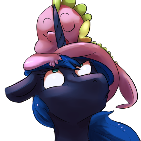 Size: 1024x1024 | Tagged: annoyed, artist:imsokyo, daily sleeping spike, derpibooru import, dragon hat, eyes closed, pony hat, princess luna, safe, simple background, sleeping, spike