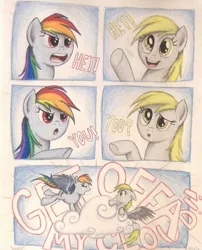 Size: 1072x1324 | Tagged: safe, artist:thefriendlyelephant, derpibooru import, derpy hooves, rainbow dash, pegasus, pony, angry, cloud, comic, confused, duo, female, get off my cloud, hotel mario, mare, smiling, song reference, the rolling stones, traditional art