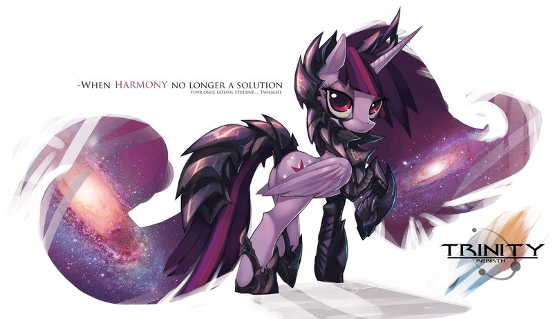 Size: 1600x924 | Tagged: safe, artist:xennos, derpibooru import, twilight sparkle, twilight sparkle (alicorn), alicorn, pony, trinity: rebirth, alternate hairstyle, armor, badass, corrupted, crown, epic, evil, female, galaxy, grammar error, looking at you, looking back, mare, misspelling, newbie artist training grounds, nightmare, older, raised hoof, raised leg, simple background, solo, theory, twibutt, tyrant sparkle, wallpaper