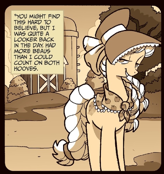 Size: 637x678 | Tagged: artist:tonyfleecs, bedroom eyes, bonnet, derpibooru import, granny smith, grin, idw, looking at you, safe, sepia, smiling, spoiler:comic, spoiler:comicff9, younger, young granny smith