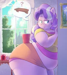 Size: 583x654 | Tagged: suggestive, artist:secretgoombaman12345, diamond tiara, anthro, ask chubby diamond, ass, bbw, belly, belly button, bench, big belly, breasts, butt, chubby diamond, cup, diamond thighara, fat, fat boobs, female, huge butt, image, impossibly large butt, midriff, muffin top, obese, png, red solo cup, shelf, solo, solo female, the ass was fat, thighs, thunder thighs, window