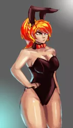 Size: 2779x4863 | Tagged: suggestive, artist:checkerboardazn, derpibooru import, sunset shimmer, human, alternate hairstyle, blushing, breasts, bunny suit, busty sunset shimmer, cleavage, clothes, embarrassed, female, humanized, image, jpeg, leotard, pixiv, playboy bunny, playboy bunny sunset shimmer, solo, solo female