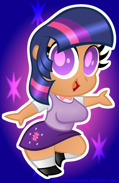 Size: 1421x2178 | Tagged: artist:aleximusprime, breasts, chibi, clothes, derpibooru import, female, human, humanized, safe, skirt, solo, twilight sparkle