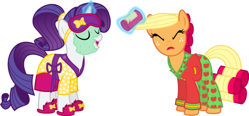 Size: 8809x4102 | Tagged: absurd resolution, applejack, artist:claritea, bathrobe, clothes, derpibooru import, hair curlers, magic, mud mask, pajamas, rarity, robe, safe, simple background, sleep mask, slippers, transparent background, vector