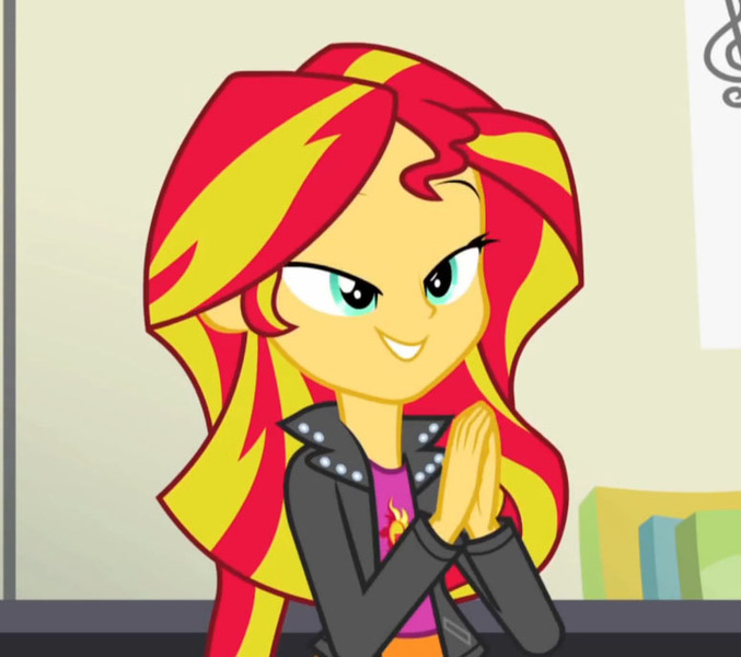 Size: 775x687 | Tagged: safe, derpibooru import, screencap, sunset shimmer, equestria girls, rainbow rocks, bedroom eyes, cropped, image macro, meme, smiling, when she smiles