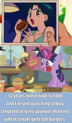 Size: 1226x2092 | Tagged: safe, derpibooru import, screencap, coco crusoe, twilight sparkle, twilight sparkle (alicorn), alicorn, pony, twilight time, female, food, hay burger, image macro, mare, meme, meta, mizuno ami, sailor mercury, sailor moon, that pony sure does love burgers, twilight burgkle, twilight slobble