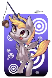 Size: 2544x3799 | Tagged: safe, artist:jggjqm522, derpibooru import, derpy hooves, pegasus, pony, carrot on a stick, female, mare, muffin, solo