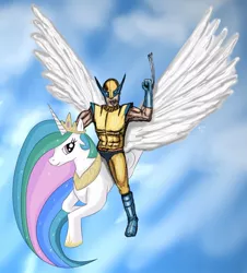 Size: 800x884 | Tagged: crossover, derpibooru import, flying, human, mutant, princess celestia, riding, safe, wolverine, x-men