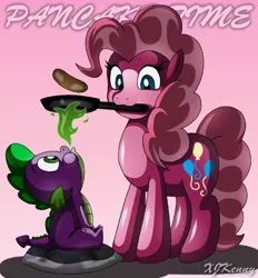 Size: 550x592 | Tagged: artist:xjkenny, cooking, derpibooru import, fire, mouth hold, pan, pancakes, pinkie pie, safe, spike