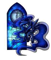 Size: 1024x1197 | Tagged: safe, artist:arcadianphoenix, derpibooru import, princess luna, flying, smiling, solo, stained glass