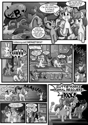 Size: 1240x1748 | Tagged: angel bunny, animal, apple bloom, artist:anibaruthecat, comic, comic:a different sort of pet, cutie mark crusaders, derpibooru import, dialogue, engrish, filly, fluttershy's cottage, grayscale, monochrome, scootaloo, suggestive, sweetie belle, this will end in death, this will end in tears, this will end in tears and/or death, this will end in tears and/or death and/or covered in tree sap