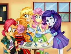Size: 3828x2909 | Tagged: safe, artist:lucy-tan, derpibooru import, idw, applejack, babs seed, fluttershy, rarity, sunflower (character), equestria girls, babsbuse, clothes, hatless, missing accessory