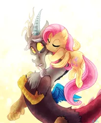 Size: 875x1062 | Tagged: safe, artist:c-puff, derpibooru import, discord, fluttershy, draconequus, pegasus, pony, butt, chest fluff, comforting, crying, cute, digital art, discoshy, discute, eyes closed, female, fluffy, flutterbutt, flying, frown, hand on chest, heartwarming, hug, kissing, male, mare, plot, sad, shipping, shyabetes, signature, straight, sweet dreams fuel