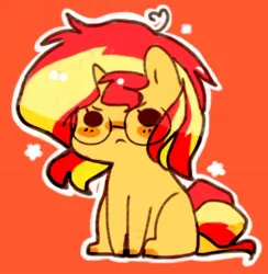 Size: 500x513 | Tagged: safe, artist:luxjii, derpibooru import, sunset shimmer, pony, unicorn, ask filly sunset shimmer, cute, filly, filly sunset shimmer, glasses, pusheen thread, red background, shimmerbetes, simple background, solo, younger