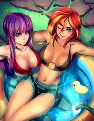 Size: 788x1013 | Tagged: suggestive, artist:bakki, derpibooru import, sunset shimmer, twilight sparkle, human, art pack:my little sweetheart, art pack:my little sweetheart 3, armpits, bikini, black swimsuit, breasts, busty sunset shimmer, busty twilight sparkle, clothes, female, hose, humanized, lesbian, looking at you, my little sweetheart, my little sweetheart 3, one eye closed, outdoors, red swimsuit, rubber duck, shipping, smiling, sunsetsparkle, swimming pool, swimsuit, water, wet