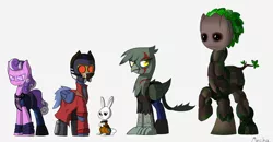 Size: 2624x1368 | Tagged: safe, artist:mechanized515, derpibooru import, angel bunny, gilda, screwball, ponified, gryphon, crossover, drax the destroyer, gamora, groot, guardians of the galaxy, rocket raccoon, solar wind, starlord