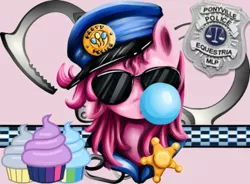 Size: 425x313 | Tagged: alternate hairstyle, artist:xioade, bubble, bubblegum, clothes, costume, derpibooru import, edit, food, gum, looking at you, pinkie pie, police, portrait, safe, solo, sunglasses
