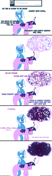 Size: 1050x3500 | Tagged: safe, artist:navitaserussirus, derpibooru import, trixie, twilight sparkle, asktwixiegenies, breakup, crying, feels, female, lesbian, nightmare, sad, shipping, telepathy, twixie