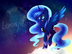 Size: 1600x1200 | Tagged: artist:lemonypops, cloud, :d, derpibooru import, princess luna, safe, smiling, solo, spread wings, stars