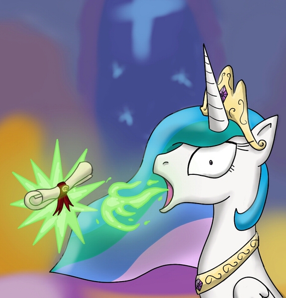 Size: 949x990 | Tagged: artist:vanillafox2035, derpibooru import, green fire, letter, open mouth, princess celestia, role reversal, safe, solo