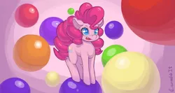 Size: 3840x2040 | Tagged: artist:crombiettw, balancing, derpibooru import, fluffy, gumball, open mouth, pinkie pie, safe, smiling, solo