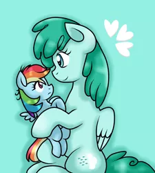 Size: 900x1000 | Tagged: artist:stockingstreams, carrying, cute, derpibooru import, duo, filly, foal, headcanon, heart, mother and daughter, rainbow dash, safe, size difference, smiling, smoldash, spring melody, sprinkle medley, younger