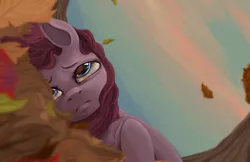 Size: 1097x710 | Tagged: artist:colorlesscupcake, autumn, leaves, lying, pinkamena diane pie, pinkie pie, sad, safe, solo