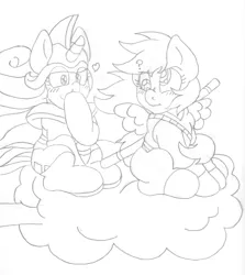 Size: 1544x1732 | Tagged: anime, artist:blackbewhite2k7, chi-chi, crossover, derpity, derpy hooves, dragon ball, female, filly, goku, lesbian, monochrome, nimbus cloud, rarity, safe, shipping, sketch, wip, younger