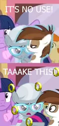 Size: 332x708 | Tagged: safe, derpibooru import, screencap, gallop j. fry, pipsqueak, silver spoon, twilight sparkle, twilight sparkle (alicorn), alicorn, earth pony, pony, twilight time, colt, crossover, female, image macro, it's no use, male, mare, meme, ring, silver the hedgehog, sonic the hedgehog (series)