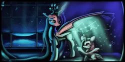 Size: 1600x800 | Tagged: safe, derpibooru import, princess celestia, queen chrysalis, alicorn, changeling, changeling queen, pony, cute, cutealis, cutelestia, female, filly, foal, magic, magic aura, pink-mane celestia, younger
