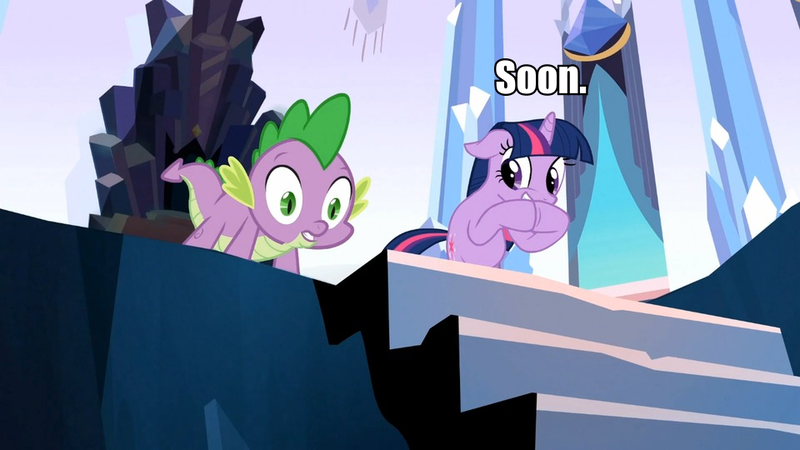 Size: 960x540 | Tagged: safe, derpibooru import, edit, edited screencap, screencap, spike, twilight sparkle, the crystal empire, crystal empire, duo, hooves together, image macro, meme, soon, throne