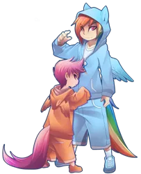 Size: 1024x1258 | Tagged: artist:phation, clothes, derpibooru import, hoodie, human, humanized, rainbow dash, safe, scootaloo, tailed humanization, winged hoodie