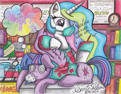 Size: 1024x796 | Tagged: semi-grimdark, artist:santi-dleon, derpibooru import, princess celestia, twilight sparkle, twilight sparkle (alicorn), alicorn, pony, magical mystery cure, blood, chloroform, cotton balls, female, floppy ears, hallucination, mare, music notes, prone, scene interpretation, singing, swirly eyes, thought bubble