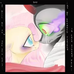 Size: 894x894 | Tagged: dead source, safe, artist:dear-cotton-candy, derpibooru import, fluttershy, king sombra, pegasus, pony, unicorn, armor, bruised, colored horn, crying, curved horn, female, horn, male, mare, shipping, sombra eyes, sombra's horn, sombrashy, stallion, straight, text