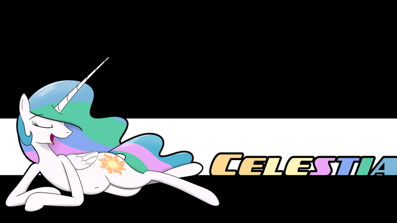 Size: 1920x1080 | Tagged: artist:monopon512, belly button, derpibooru import, eyes closed, open mouth, princess celestia, safe, side, solo, wallpaper