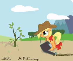 Size: 1000x835 | Tagged: applejack, artist:sirradical, bloomberg, bow, cute, derpibooru import, filly, hat, jackabetes, mouth hold, safe, solo, tree, watering can, younger