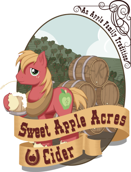 Size: 523x685 | Tagged: safe, artist:hydro-king, derpibooru import, big macintosh, earth pony, pony, apple, apple tree, barrel, barrels, big macintosh's yoke, cider, cider barrel, cider mug, cutie mark, food, hill, hoof hold, horse collar, image, label, lidded eyes, lightly watermarked, logo, looking at you, male, mug, orchard, png, smiling, solo, stack, stallion, straw, straw in mouth, sweet apple acres, tree, watermark