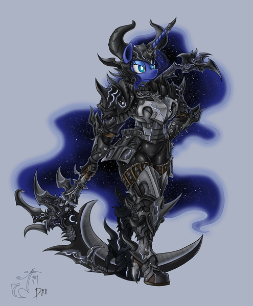 Size: 1175x1425 | Tagged: anthro, armor, artist:melancholy, crossover, dark knight, derpibooru import, final fantasy, final fantasy xiv, princess luna, safe, scythe, solo, warrior luna, weapon