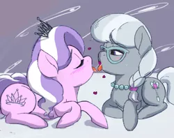Size: 2700x2136 | Tagged: suggestive, artist:paradoxbroken, derpibooru import, diamond tiara, silver spoon, earth pony, pony, bedroom eyes, blushing, braid, drool, drool string, female, filly, foalcon, glasses, kissing, lesbian, necklace, seduction, shipping, silvertiara, sloppy kissing, tiara, tongue out