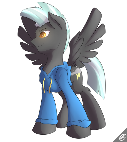 Size: 1800x2013 | Tagged: safe, artist:capseys, derpibooru import, thunderlane, pegasus, pony, clothes, cute, hoodie, male, simple background, smiling, solo, spread wings, stallion, thunderbetes, transparent background