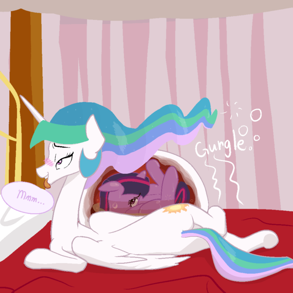 Size: 1000x1000 | Tagged: questionable, artist:nakedsharks, deleted from derpibooru, derpibooru import, princess celestia, twilight sparkle, twilight sparkle (alicorn), alicorn, pony, ahegao, bed, belly, blushing, female, fetish, floppy ears, implied digestion, internal, mare, missing accessory, preylight, princess vorestia, side, stomach acid, stomach noise, tongue out, vore, x-ray