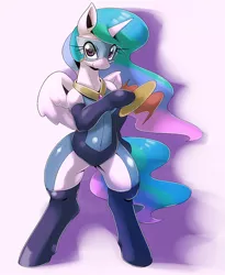 Size: 700x854 | Tagged: safe, artist:oze, derpibooru import, princess celestia, pony, semi-anthro, belly button, bipedal, blushing, clothes, costume, cute, latex, latex suit, pixiv, solo, superhero, superhero celestia