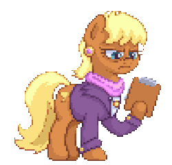 Size: 396x380 | Tagged: safe, artist:mrponiator, derpibooru import, ms. harshwhinny, pony, animated, clipboard, clothes, ear piercing, female, frown, glare, hoof hold, mare, piercing, pixel art, professionalism, reading, simple background, solo, transparent background, unamused