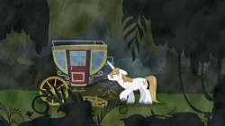 Size: 1195x669 | Tagged: artist:anarchemitis, broken, carriage, derpibooru import, forest, prince blueblood, rain, safe, solo, wet mane, wheel