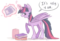 Size: 1245x869 | Tagged: safe, artist:ninidoodles, derpibooru import, twilight sparkle, twilight sparkle (alicorn), alicorn, pony, book, female, looking at you, magic, mare, open mouth, raised hoof, solo, telekinesis, that pony sure does love books, tired, unshorn fetlocks