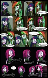 Size: 1024x1638 | Tagged: safe, artist:fj-c, derpibooru import, pinkie pie, rainbow dash, twilight sparkle, equestria girls, comic, dialogue, fantasy equestria, humanized, midriff, pony coloring, spanish