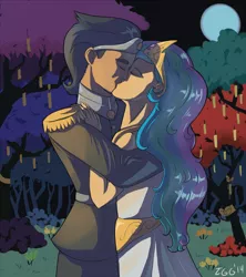 Size: 1500x1688 | Tagged: artist:tggeko, celestibra, derpibooru import, female, good king sombra, human, humanized, idw, king sombra, kissing, male, night, princess celestia, safe, shipping, straight, wishing garden