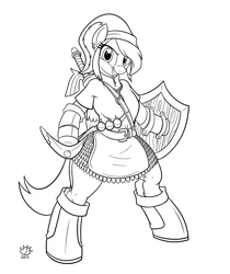 Size: 1642x1957 | Tagged: anthro, artist:badgerben, boomerang, boots, derpibooru import, hylian shield, link, master sword, monochrome, nintendo, ponified, rule 63, safe, shield, solo, sword, the legend of zelda, unguligrade anthro